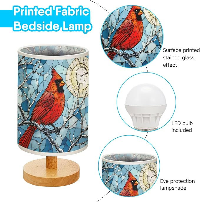 Cardinal Table Lamp LED 3-Color Pressed Bedside, Cardinal Shade Lamp with Wood Base for Bedroom Living Room Desk Office TL01