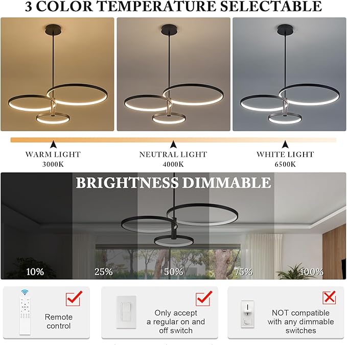 Modern LED Chandelier, 3-Ring Black Chandeliers for Dining Room Contemporary Flush Mount Chandelier Light Pendant Light Fixture for Kitchen Island Closet Living Room Bedroom