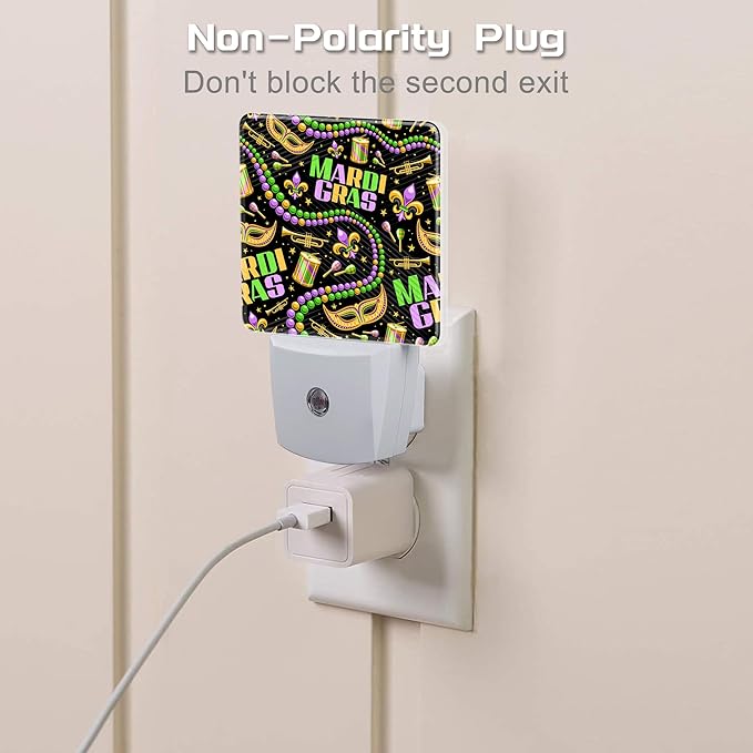 Happy Mardi Gras Night Light, Carnival Fleur De Lis Mask Beads Dusk to Dawn Night Light Plug in, 0.5w Energy Saving Sleep Friendly Nightlights for Kids Boys Girls Home Decor