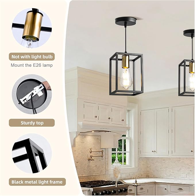 1 Pack Farmhouse Black and Gold Pendant Lights, Hanging Lamps for Living Room Entryway Foyer Indoor, Cage Lantern Kitchen Island Dining Room Light Fixture, Modern Matte Black Industrial Iron Light