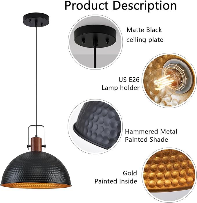 16 Inch Black Pendant Lights Hammered Matte Pendant Lights for Kitchen Island Industrial Farmhouse Adjustable Height Dome Hanging Light Fixtures for Barn, Dining Room 2 Packs