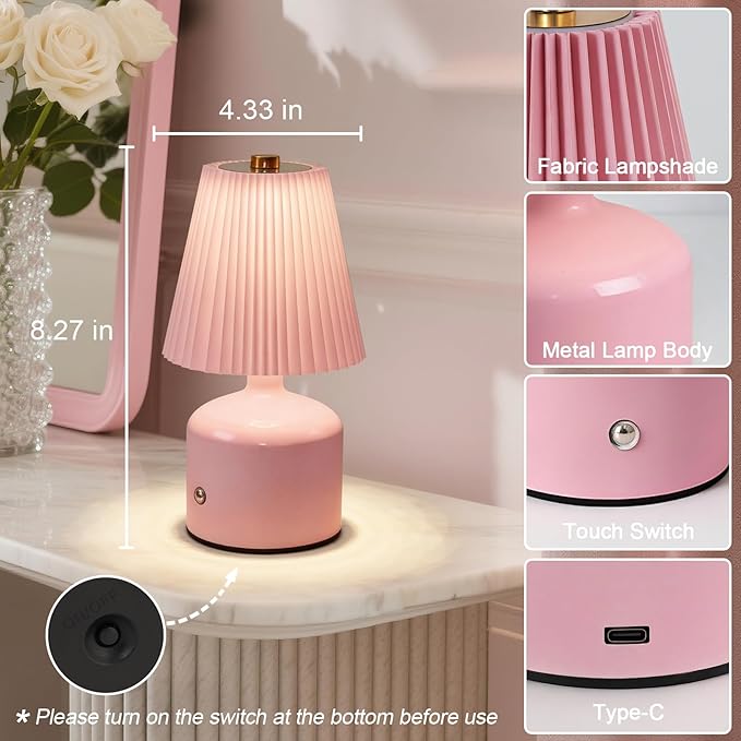 Small Cordless Table Lamp Rechargeable Desk Lamp, 3 Color Stepless Dimming, Metal Base Pleated Table Lamp for Bedside, Bedroom, Dining Room, Living Room (Pink)