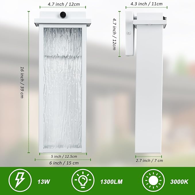 White LED Dusk to Dawn Outdoor Lighting 2 Packs, 16" Large Outside Farmhouse Wall Lantern, Industrial Porch Wall Mount Light Fixture with Rippled Glass, Waterproof Modern Exterior Sconce Lamp