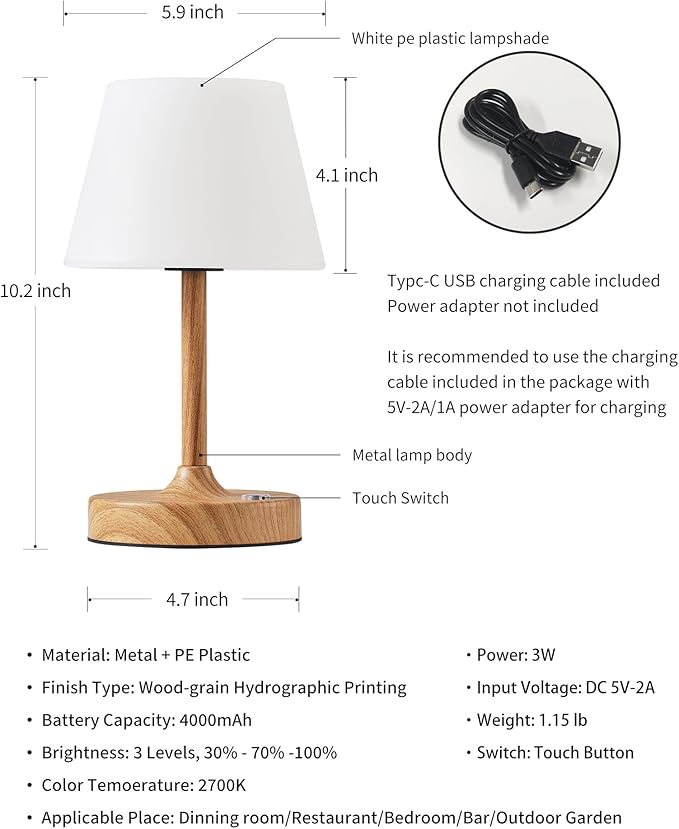 PUSU Cordless LED Wood-Grain Small Table Lamp, Waterproof Shower Light with 4000mAh Battery, Portable Rechargeable Touch Dimming Night Light for Bathroom, Outdoor Camping, Kitchen, Patio, Restaurant
