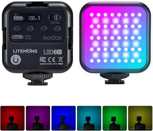 Godox LED6R RGB Video Light,360° Full Color LED Camera Light,HSI Adjustable 36000 Colors,CCT Bicolor 3200K～6500K,CRI 95,13 Scene Modes,Portable Photography Lighting Support Magnetic Attraction