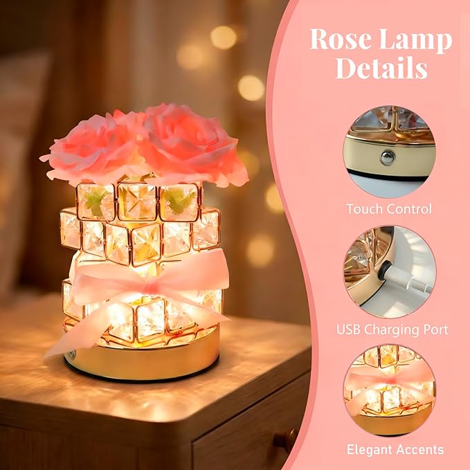Crystal Table Lamp, Rechargeable Cordless Rose Light, with Touch & Remote Control Dimming - 16-Color Dimmable, Birthday Gifts for Women, Mom, Wife, Living Room, Bedroom Decor