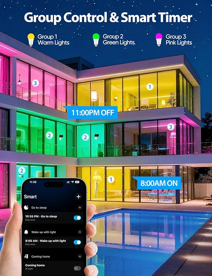 Smart Light Bulbs, Work with Alexa & Google Assistant, 9W LED Light Bulbs Color Changing RGBTW Dimmable, 2.4GHz WiFi Bluetooth Smart Bulb 60W Equivalent, APP Control, A19, E26, 800LM, 2 Packs