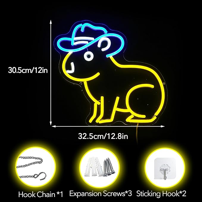 Capybara Neon Sign, Cute Cowboy Hat Capybara Led Light Neon Sign Animals Wall Decor Artled Bar Sign Night Lights Backdrop Lights Led Business Signs Creative Neon Lights Signs Usb Powered