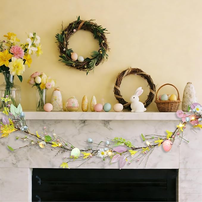 DR.DUDU 6 ft Easter Garland Decoration with Easter Eggs, Pre-Lit Artificial Hanging Floral Garland Spring Decor for Indoor Outdoor Home Kitchen Mantle Fireplace Holiday Party