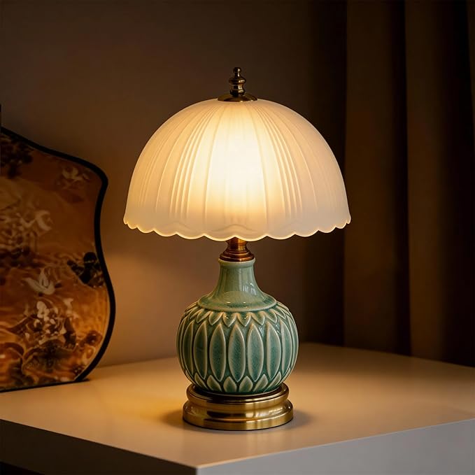 Ceramic Pattern Table Lamp with Frosted Glass Lampshade, Desk Bedside Small Lamps with 6ft Power Cord for Living Room Night Stands Bedroom (Bamboo Leaf)