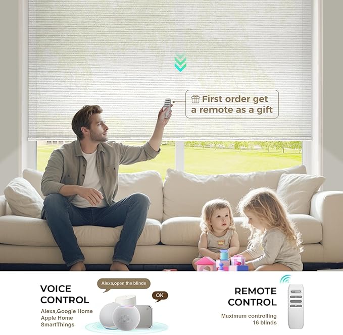 HeyBlinds Motorized Roller Shades, Smart Blinds for Windows, Remote Automatic Window Shades, Electric Shades, Light Filtering, Compatible with Alexa Google Apple Home (Light Chaser-Cream LF)