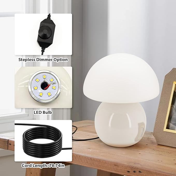 Mushroom Table Lamp for Bedroom Living Room Small Vintage Table Lamp Dimmable Bedside Lamp Ceramic Base & Glass Led Cozy Lamp Desk Light for Home Aesthetic Decor