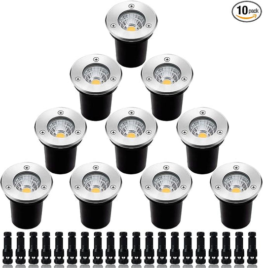 Low Voltage Landscape Lighting,LED Well Light Outdoor 12-24V AC/DC In-Ground Lights IP67 Waterproof Warm White Paver Lights with Wire Connector for Pathway,Fence (5, watts)