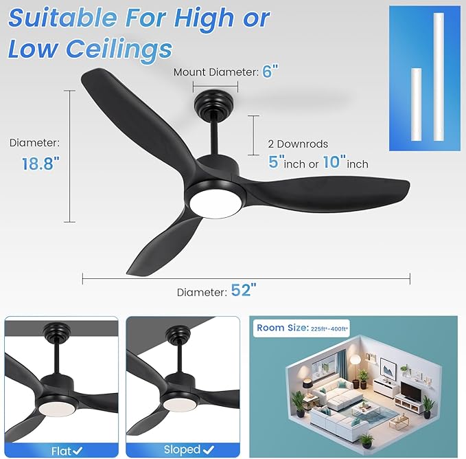 Modern Ceiling Fan with Light, 52 inch, 3 Color Temperature, 6 Speed, DC Motor, for Bedroom/Outdoor/Patios, Black