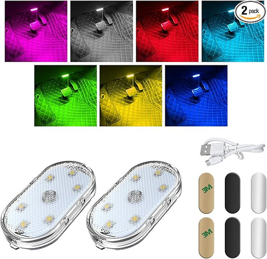 2 PCS Car LED Lights Interior Wireless, Magnetic Car Ambient Lighting with 6 Bright LED Lamp Beads, Portable USB Rechargeable Vehicle Interior Led Night Light for Car (Colorful)