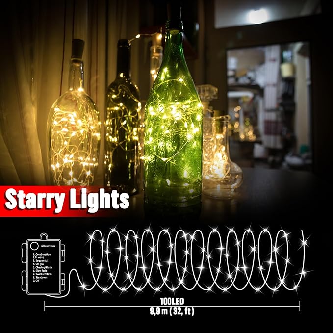 LAMPHOME 100 LED 33FT Fairy Lights Battery Operated with Remote, Mini Starry String Lights,Multi Functions & Timer, Twinkle Light for Christmas Home Bedroom Wedding DIY Centerpiece Decor,Warm White