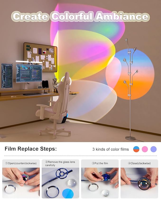 TACAHE RGBW Halo Projector Floor Lamp - 4000K LED with Replaceable Color Filters - Light and Shadow Mood Light - Multi-Head Ambient Decor Lighting for Bedroom, Living Room - 73" - 12W - Chrome