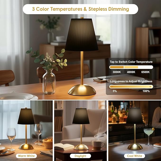 2-Pack Rechargeable Cordless Table Lamps, 3CCT & Stepless Dimming, LED Wireless Lamp with Touch Control for Bedside Nightstand, Dining Table, Outdoor Patio Use, 4.5" W x 11.5" H (Black)
