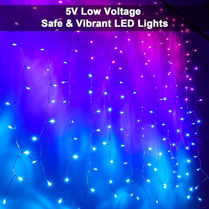 Pink Purple & Blue Ombre LED Curtain Lights with Remote, Rainbow Waterfall String Lights Ombre Hanging Fairy Mermaid Light for Teen Room, Girls Room, Mernaid, Bedroom, Birthday, Cute Easter Décor