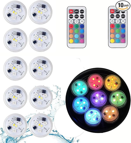 Xmas Christmas Decorations Lights with Remote - 10 PCS Submersible Led Puck Lights | Battery Powered Small Underwater Tea Candles | Multicolor Flameless Accent Lights for Pool Lantern Decoration