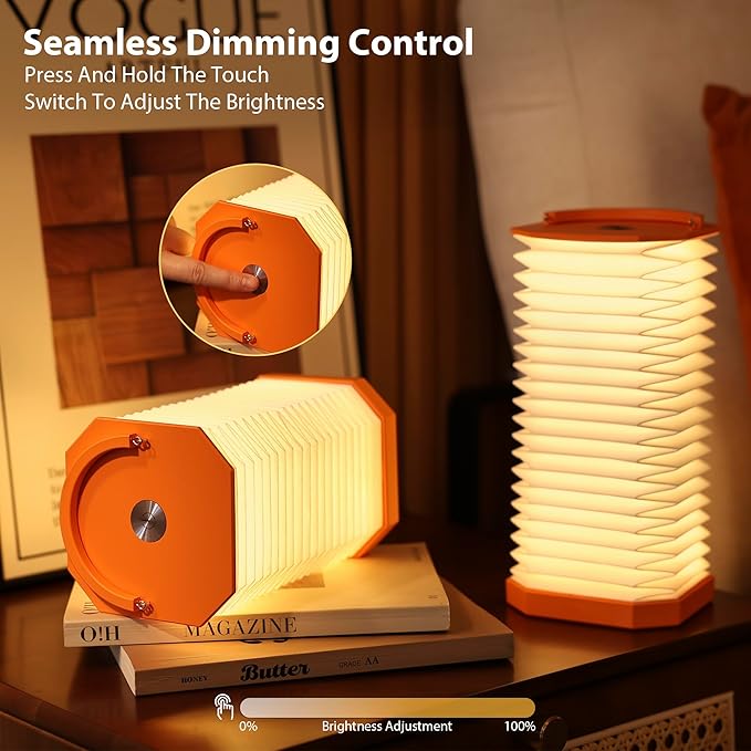 Portable Paper Lamp,White Accordion Desk Lamp,Japanese Lanterns lamp for Home Decoration and Gift,Dimmable Bedside Lamp,1200mAh USB Powered Night Light for Bedroom,Office,Reading （Orange