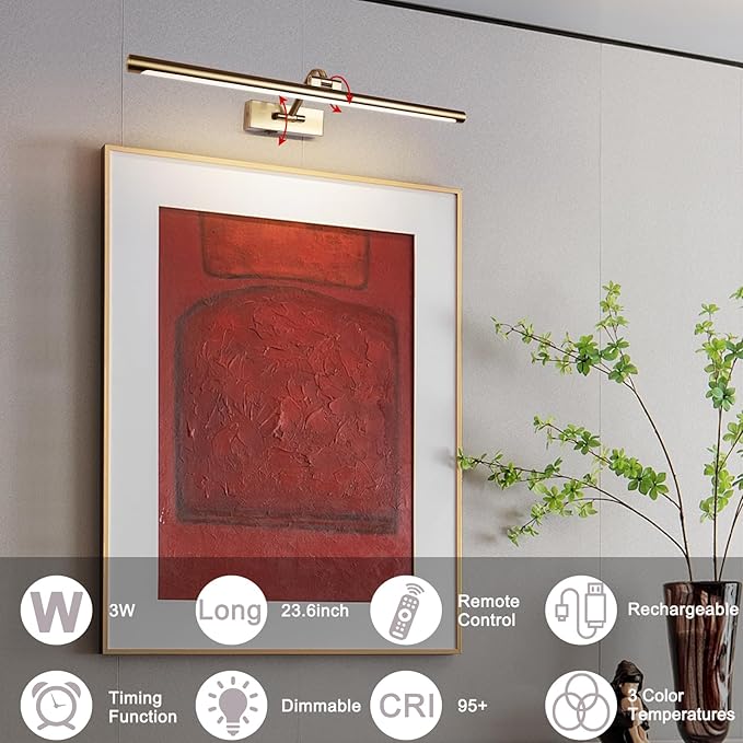 5W LED Wireless Picture Lights with Remote and Timer 23.6 Inch Rechargeable Brass Gallery Lighting Battery Operated Art Lights Over Frame Portrait