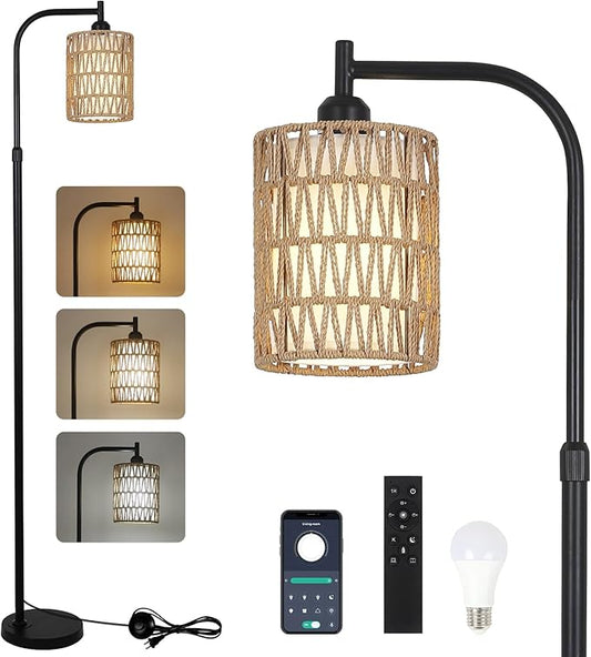 LAMSU Rattan Floor Lamp with Remote – Dimmable Boho Farmhouse Standing Lamp, Height Adjustable 57"-65", LED Bulb Included, for Living Room & Bedroom