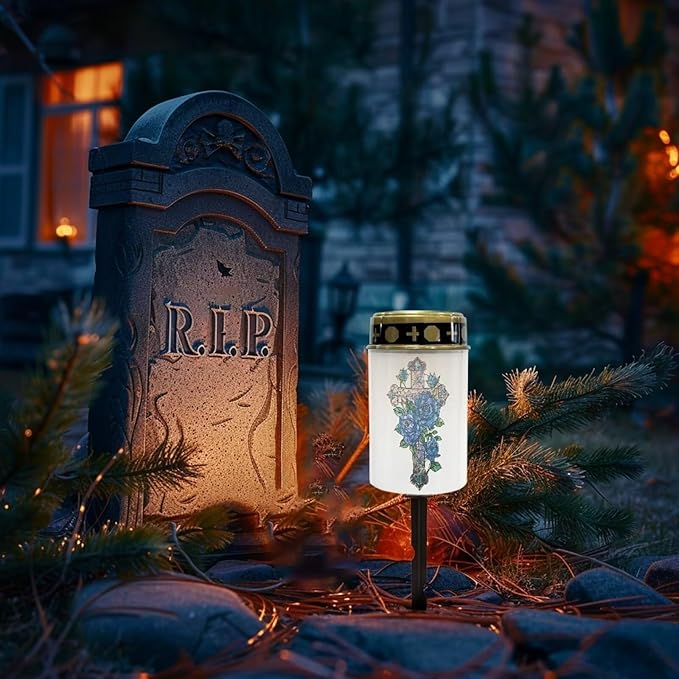Light for Prayer Cemetery Solar Lights for Grave Cemetery Decor Candle Lamp Cross Blue Rose Grave Solar Lights Garden Cemetery Decor Memorial Gift
