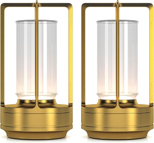 Portable Metal Table Lamp for Indoor/Outdoor ,Rechargeable Cordless LED Lamp, 3-Colour Infinitely Dimming Battery Powered Small Desk Lamp, Restaurant/Bedroom/Bar/Coffee/Camping Light (Gold Set of 2)