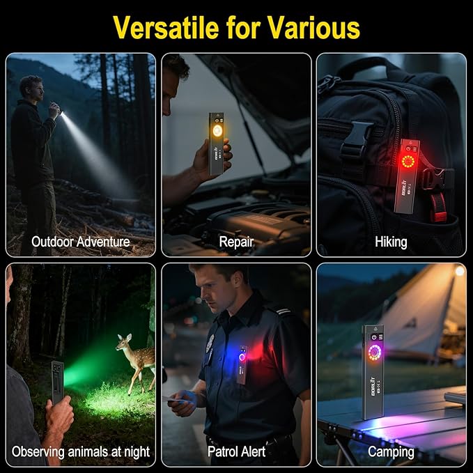 BORUIT U8 Small Flat EDC Flashlight,650 Lumens USB-C Rechargeable Pocket Flash Light with White, Yellow & RGB LEDs, IP67 Waterproof, Magnetic Tail & Clip for Camping, Hiking, Emergencies