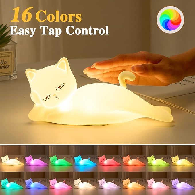 Lying Flat Cat Lamp Funny Gifts, 16 Colors+5 Dimming+Silicone Random Stuff, Touch+Remote+Recharge Night Light for Kids, Cool Lamp Unique Lamps Cute Weird Stuff, Cat Gifts for Teen Girls/Adults/Kids