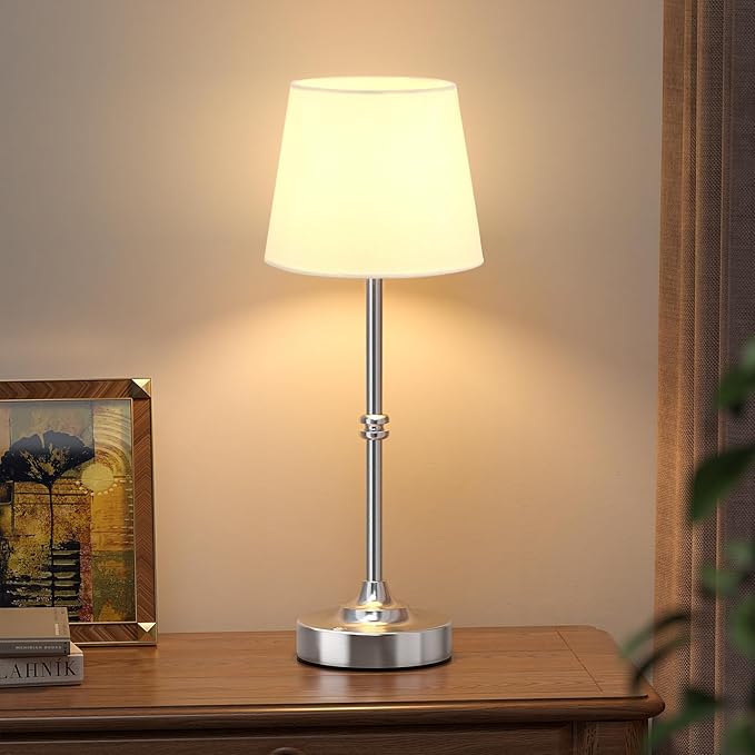 Kakanuo Rechargeable Cordless Table Lamp Silver - 1 Pack 4000mAh Battery Operated Lamp, Touch Control Stepless Dimming, for Home Decor, Dining Table, Living Room, Bedroom