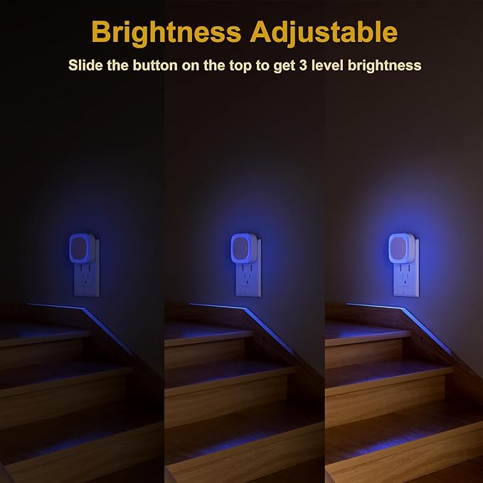 2 Pack Plug in Dimmable Night Light, Blue Nightlight, Auto Dusk to Dawn Sensor, LED Night Light, Soft Glow, Diffused Light for Bathroom, Hallway, Stairs, Kitchen, Bedroom
