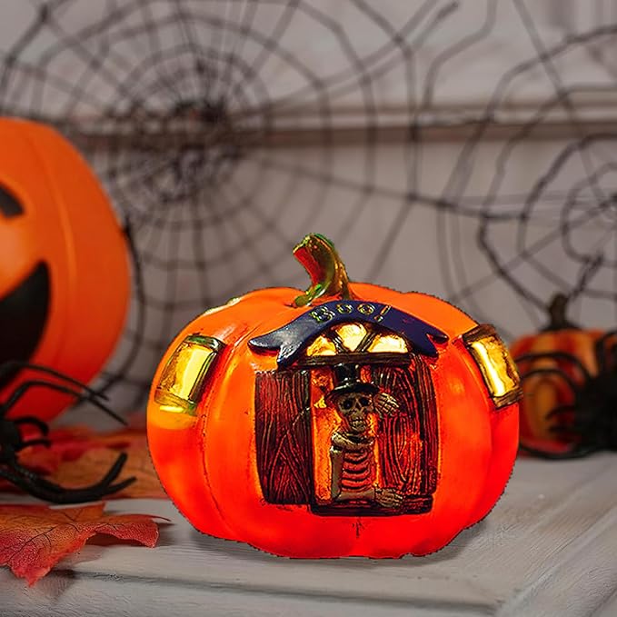 Halloween Skull Pumpkin LED Lantern - Light Up Decorations for Indoor Outdoor, Spooky-Pumpkin with Skeleton Design, Vintage Style Decor for Party, Porch, Tabletops, Mantles, Windowsills, Gardens