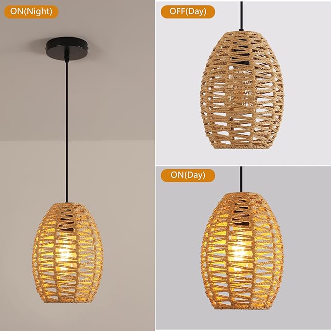 DELIPOP Pendant Light, Hand-Woven Rattan Chandelier, Boho Hanging Light with Adjustable Cord 4.9ft for Living Room, Dining Room, Kitchen, Bedroom (Black & Brown)