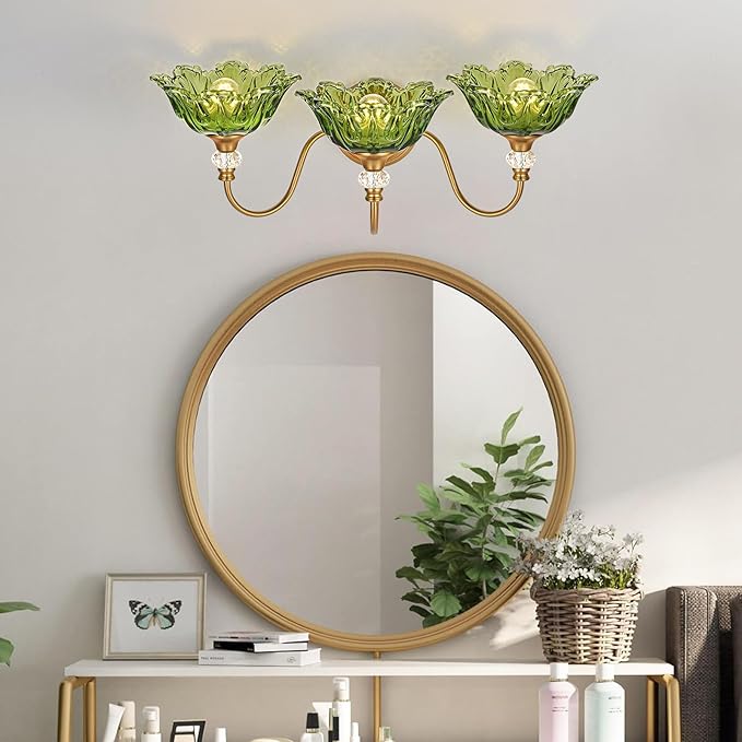Vintage Bathroom Vanity Light, 3-Light Matte Brass Finish Vanity Light with Floral Green Glass Shades, Retro Wall Sconce for Bathroom, Dressing Table