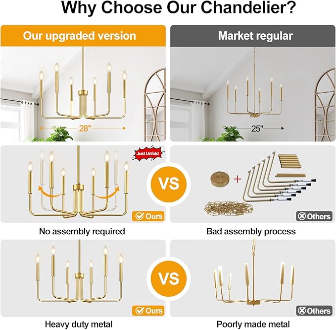 Brass Gold Chandelier, 6-Light Chandelier Light Fixture Farmhouse Chandeliers for Dining Room, Vintage Candle Pendant Light Fixtures Chandelier for Bedroom, Kitchen, Foyer, Entryway and Living Room