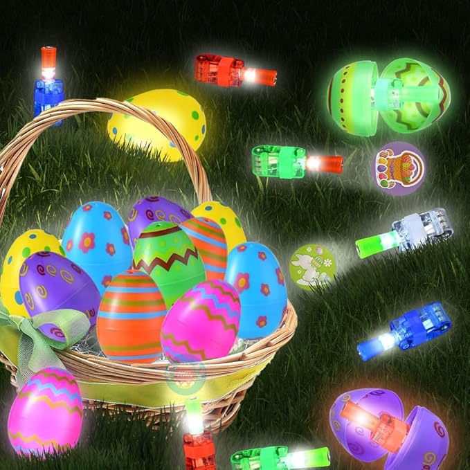 32 Prefilled Easter Eggs with Finger Lights Egg Fillers, Easter Basket Stuffers Gifts for Kids Teens Plastic Glow In The Dark Easter Eggs Filled Toys for Kids Boys Girls Party Favors Egg