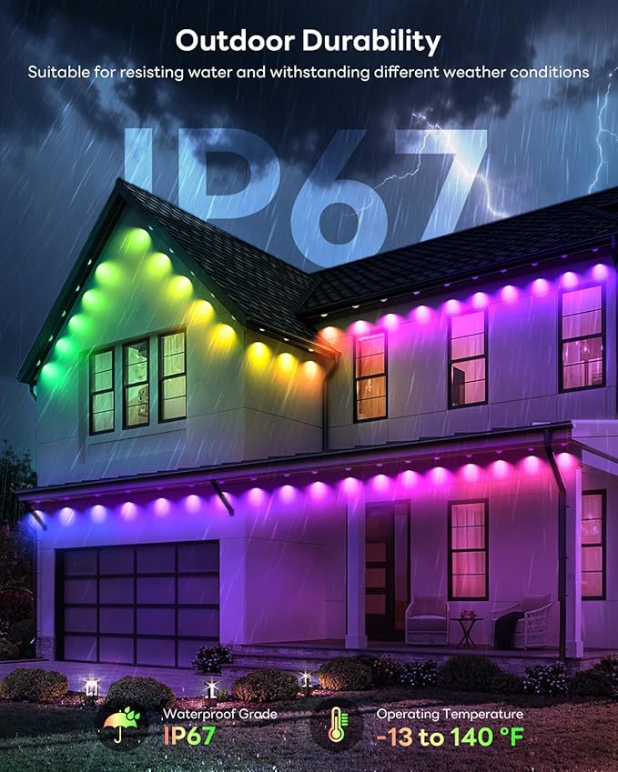 Pak Permanent Outdoor Lights, 50FT Smart RGB+IC LED Lights for House - IP67 Waterproof Eave Lights for Halloween, Christmas & Parties - DIY Multiple Scene Modes, Works with Alexa & Google Assistant