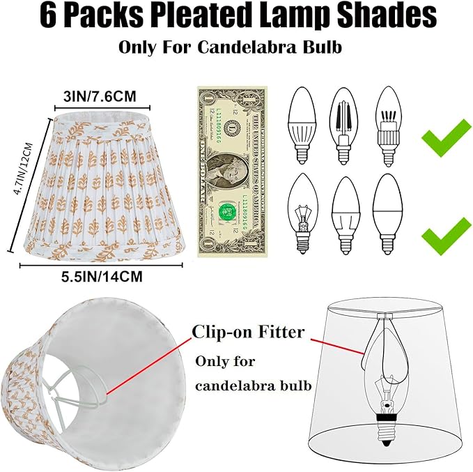Chandelier Shades Set Of 6,Mini Lamp Shade 3" Top x 5.5" Bottom x 4.7" Slant ,Small Lamp Shades Clip On Bulb,Pleated Chandelier Lamp Shades,Fabric Lampshades That Attach To The Bulb(Brown Floral)
