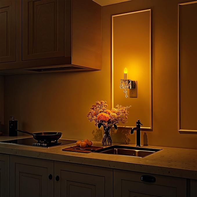 Briignite Candle Night Lights Plug into Wall, LED Amber Night Light with Dusk to Dawn Sensor, 0-100LM Dimmable, Decorative Gold Candle-Style Nightlight for Bedroom, Bathroom, Hallway, Stairway