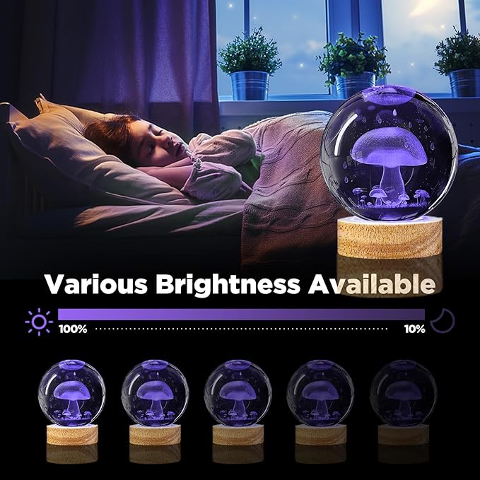 3D Crystal Ball Night Light with Remote - Upgraded 3.15 in Mushroom Glass Ball Lamp with 16 Color Wooden LED Base Cute Room Table Lamp Decor Gifts for Kids, Teens, Women