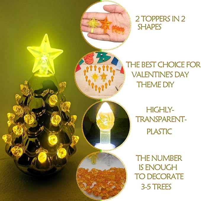 Golden Yellow Replacement Lights Bulbs for Ceramic Christmas Tree, Mini Flame Light Ornaments for Ceramic Tree, Small Twist Pegs Accessories for Crafts, 2 Stars Treetopper＆177 Bulbs Set