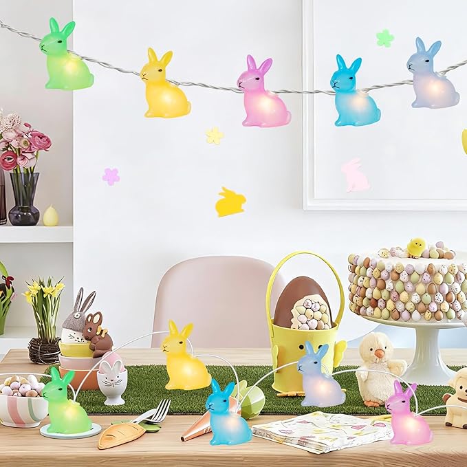 Couah 8.5Ft Multicolor Easter Lights with 10 LED Bunny Lights Plug in Easter String Lights Waterproof for Home Indoor Outdoor Garden Spring Party Easter Decorations