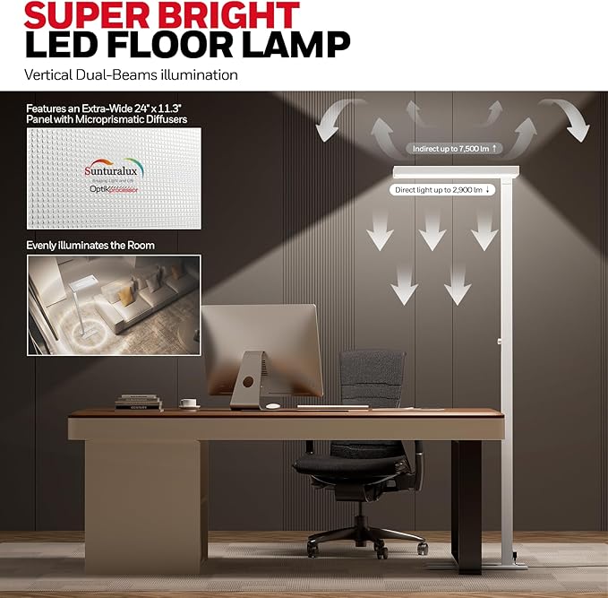 Honeywell 10400LM LED Floor Lamp, 02E Pro Sunturalux Eye-Caring Reading Standing Light, 100W Modern Natural Daylight 4000K Dimmable 77" Tall Floor Lamps for Living Room Kids Study Home Office
