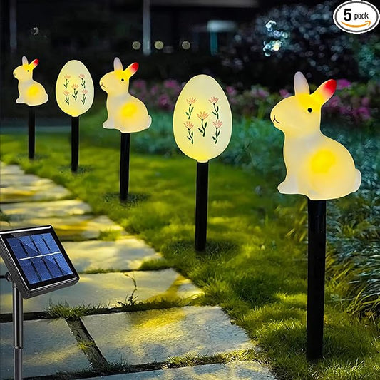 AVEKI 5 Pcs Easter Bunny and Egg Solar Pathway Lights Outdoor, Stake Lights with Steady & Flashing Modes, Waterproof Outdoor Garden Lights for Easter Decorations Yard Pathway (Bunny and Egg)