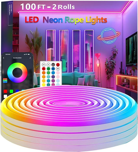 100FT (2 Rolls 50FT) Neon Rope Lights,Flexible Led Rope Light Control with App/Remote,Multiple Modes,Music Sync,IP65 Outdoor RGB Led Strip Lights Waterproof