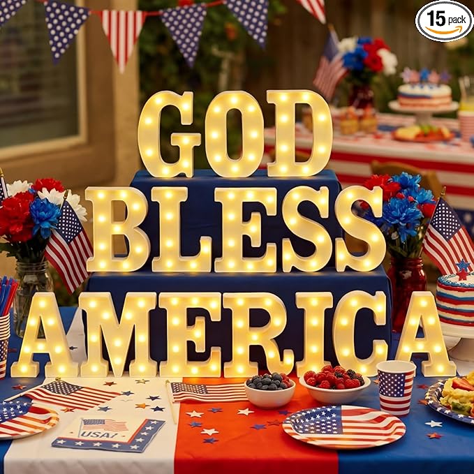 15 Pcs Patriotic Decorations 6.4 Inch God Bless America LED Letter Lights Sign 4th of July Table Decoration for Patriotic Welcome Memorial Day