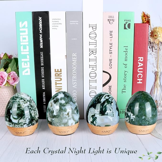 SMQ Moss Agate Crystal Night Light with Rechargeable 2 Colors Touch Control Table Lamp with Wooden Base for Kids Adult Living Room Bedroom(Egg-Shape)