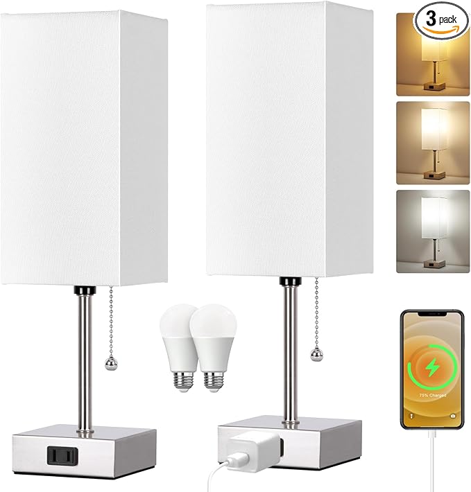 Dott Arts Touch Control Bedside Lamp, 3 Way Dimmable Nightstand Lamp with 2 USB Ports & AC Outlet, Modern Style, White Fabric Shade